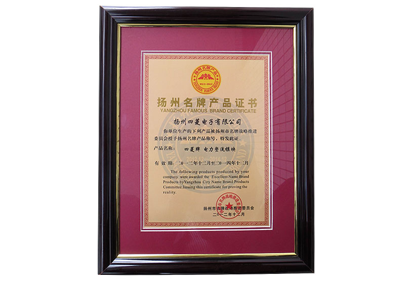 扬州市名牌产品证书